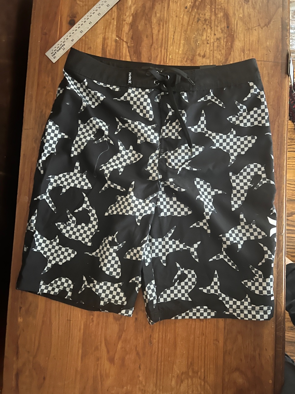 Hurley Black and White Checker Shark Print Men's Swim Trunks